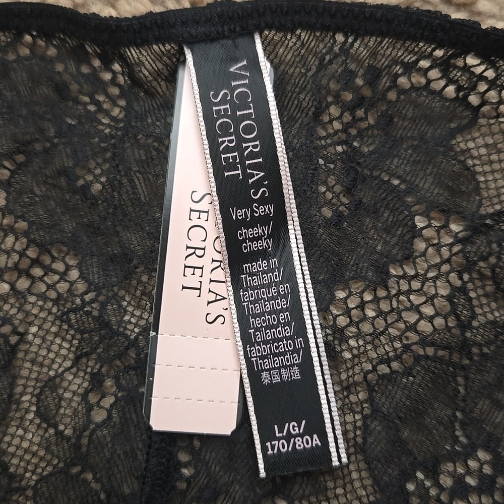 Victoria's Secret Very Sexy Black Satin Lace V-Front String Cheeky New With Tag - Picture 9 of 12